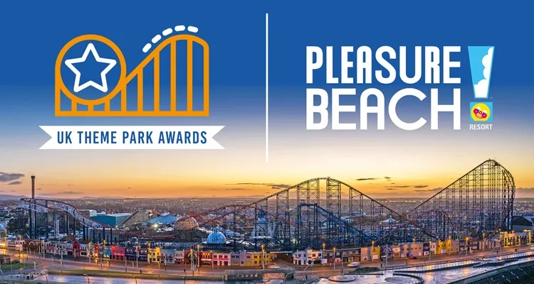 UK Theme Park Awards and Pleasure Beach Resort logos over a sunset view of the theme park